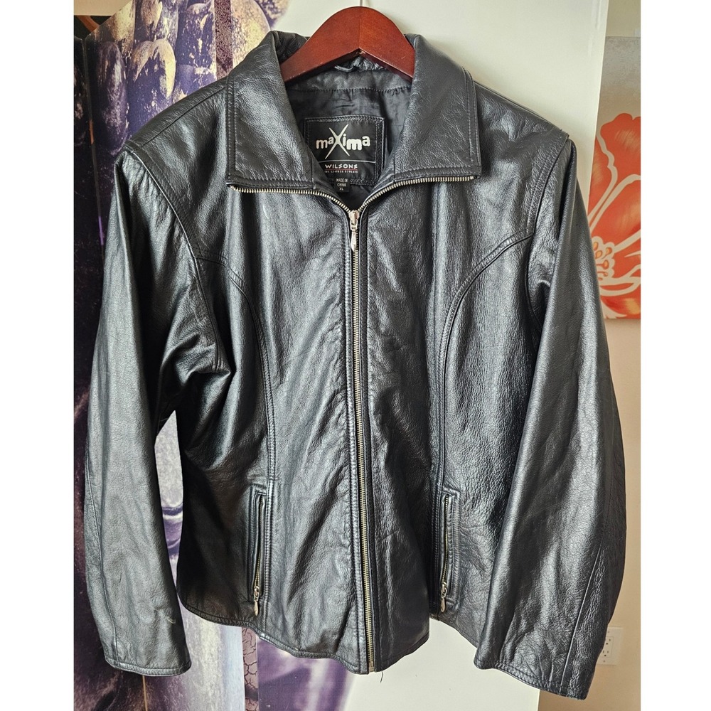 Wilsons Leather Maxima Womens XL Black Full Zip Moto Biker Jacket Princess Seams